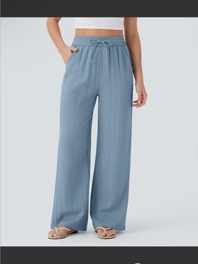 HALARA Lightweight Wide-Leg Drawstring Pants in Dusty Blue